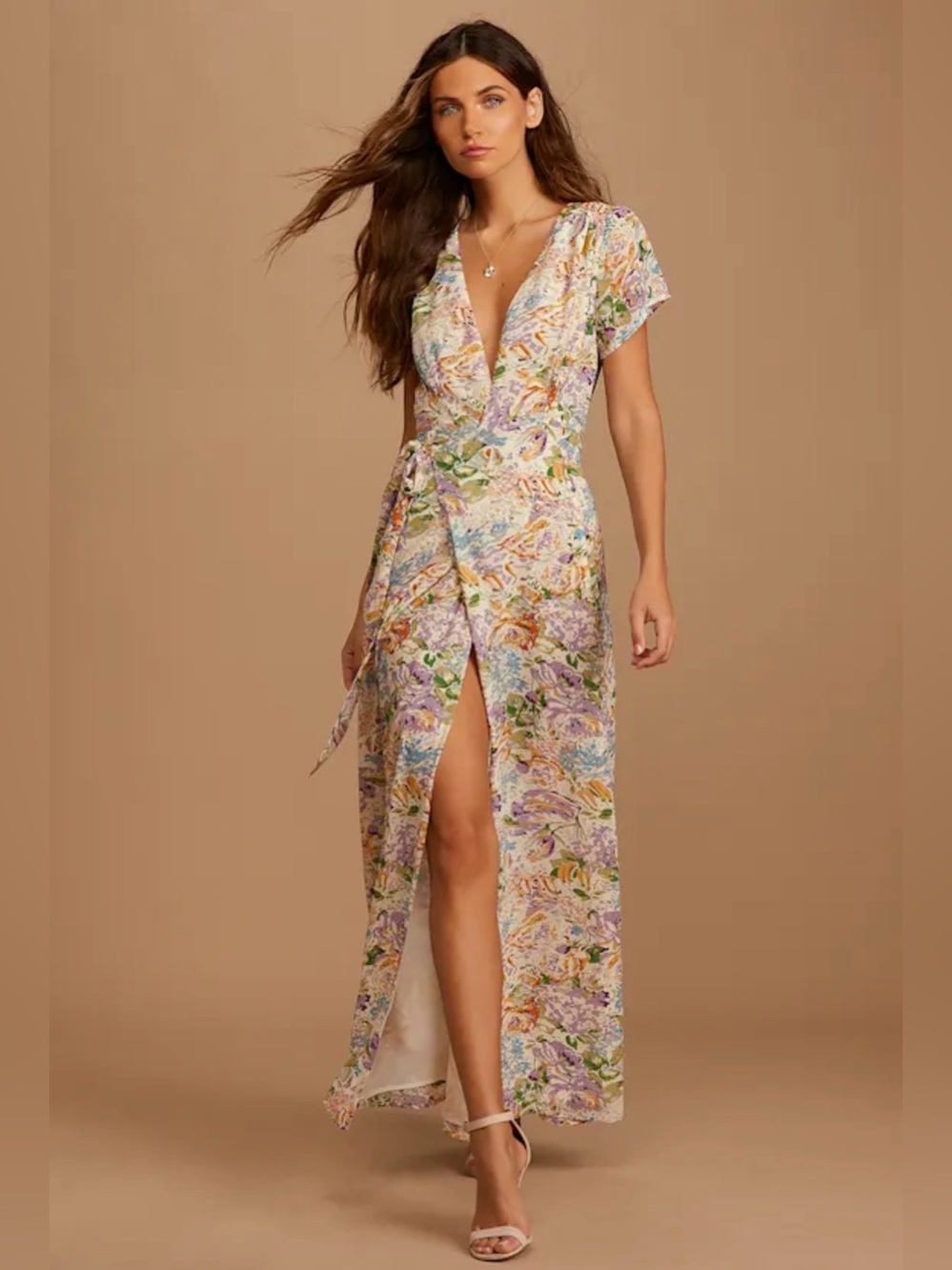 Feels Magical Ivory Floral Print Short Sleeve Wrap Maxi Dress